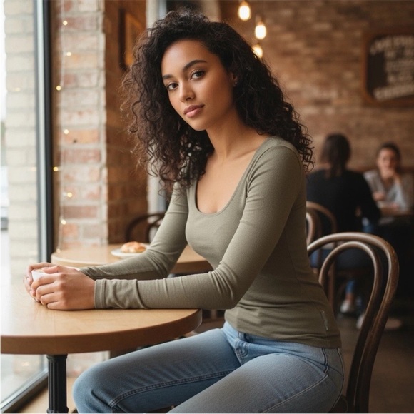 Oak + Fort Tops - Oak + Fort Sage Green Long Sleeve Scoop Capsule Basic Shirt Womens Size XS